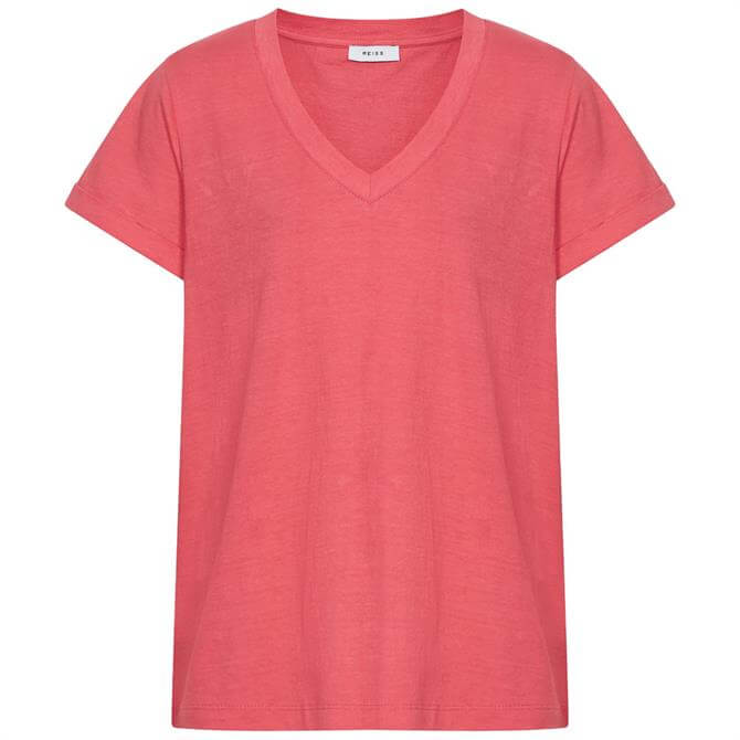 REISS LUANA Coral Cotton Jersey V Neck T Shirt